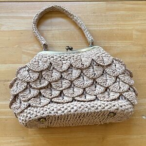 Patricia Nash Laureana Scalloped Raffia Framed Satchel Bag Natural